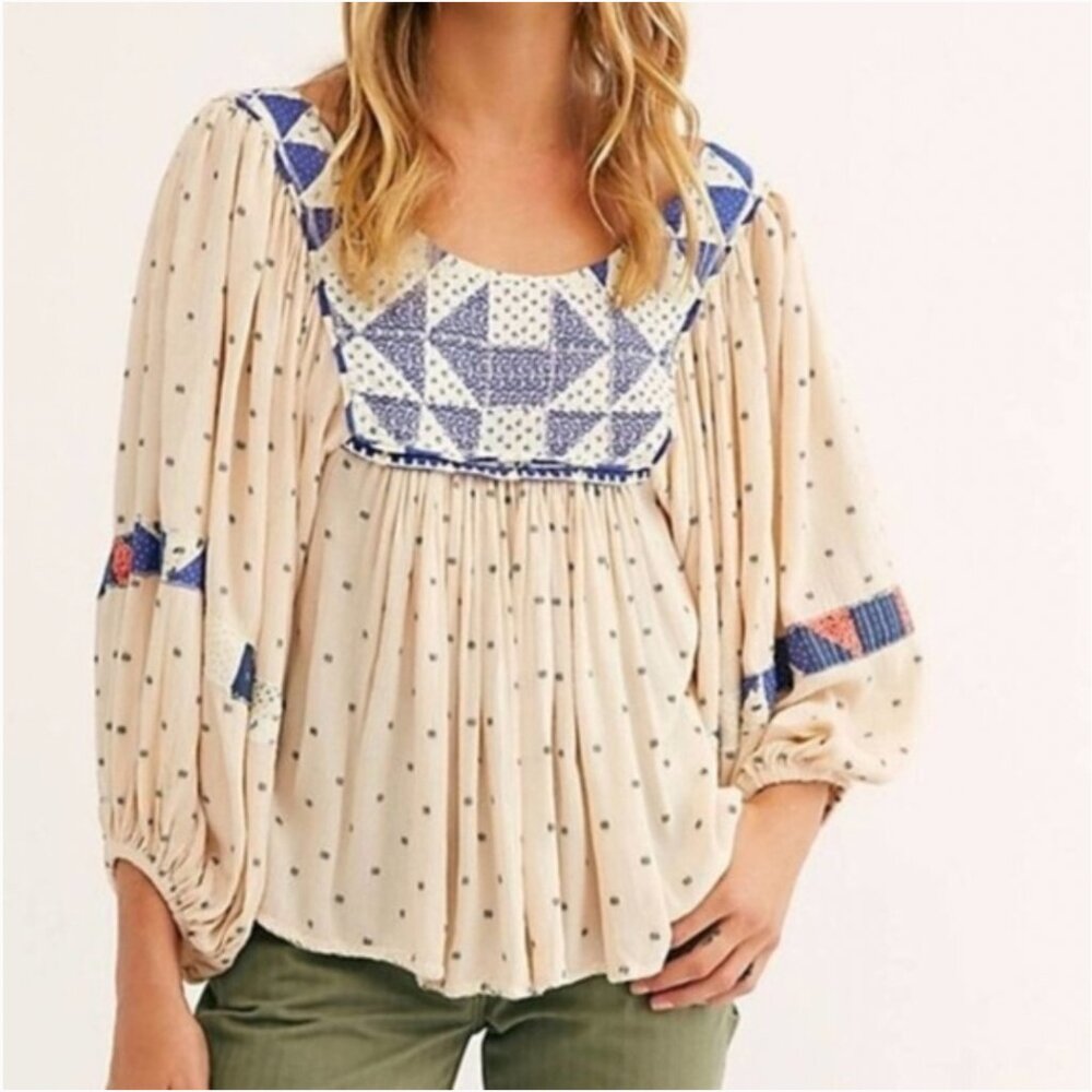 Free People Patchwork Quilt Top Balloon Sleeve Peasant Blouse M